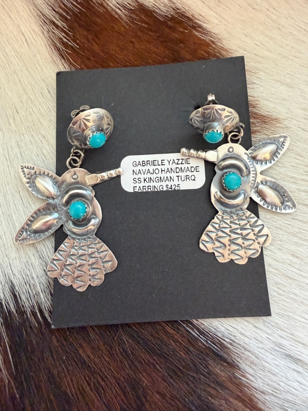 ❤️Navajo Gabriele Yazzie Sterling Stamped Hummingbird Earrings Kingman Turquoise